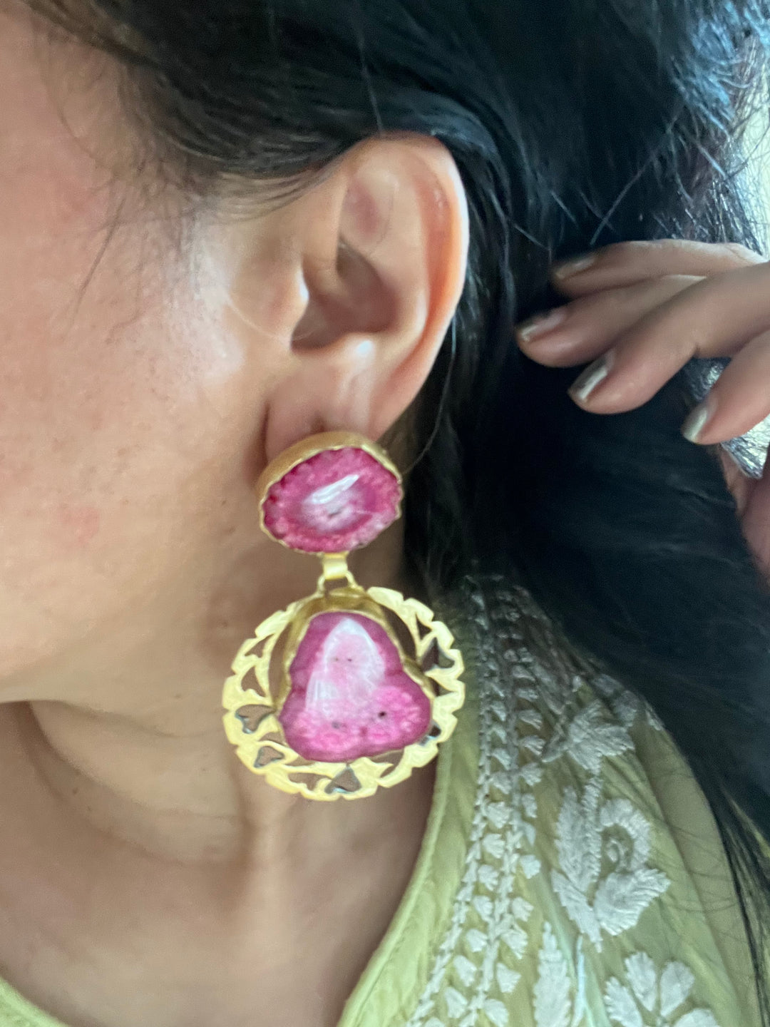 Pink Agate Gold Base Danglers