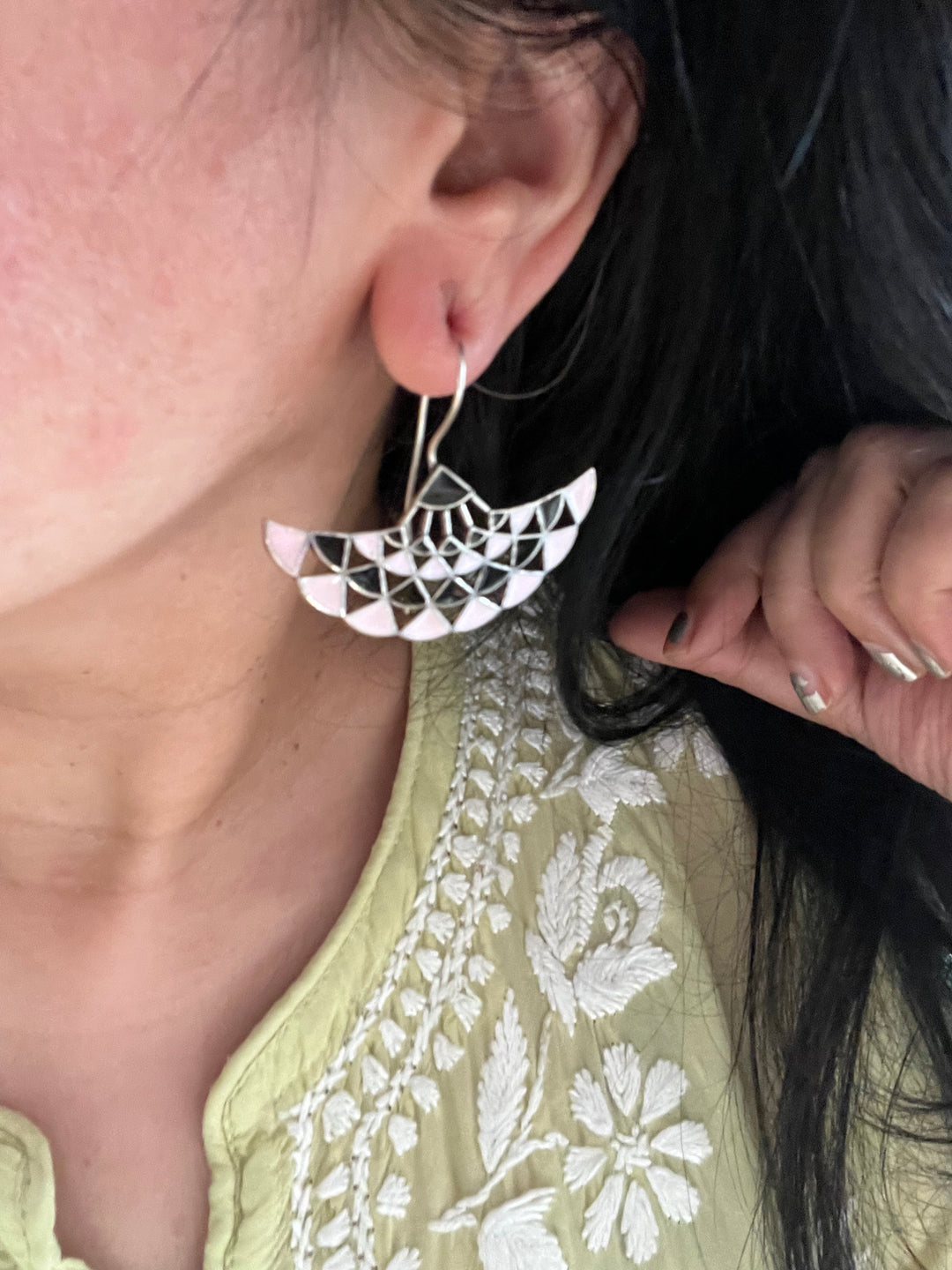 Baby Pink and Black Enamelled Brass Earrings