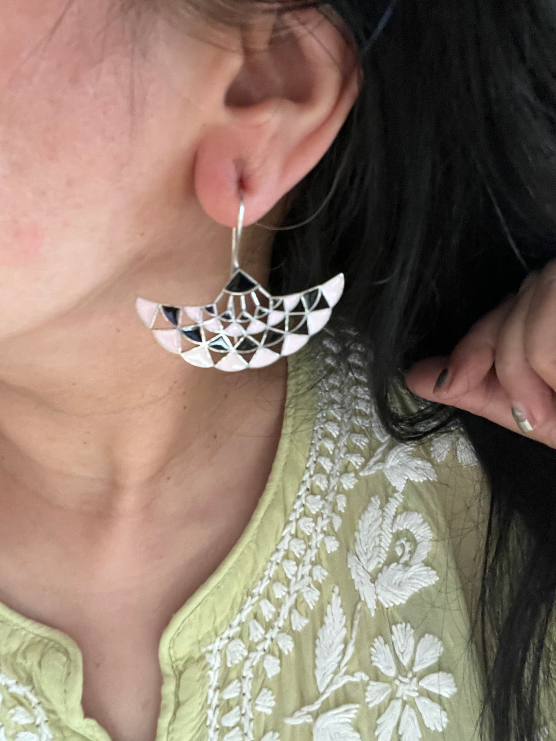 Baby Pink and Black Enamelled Brass Earrings