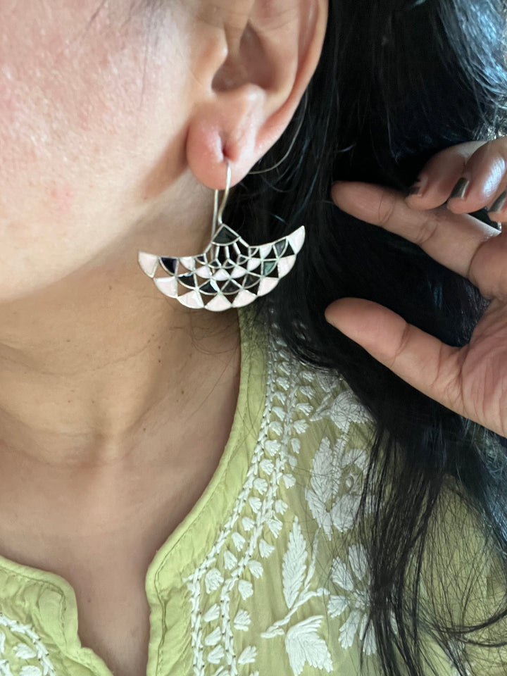 Baby Pink and Black Enamelled Brass Earrings