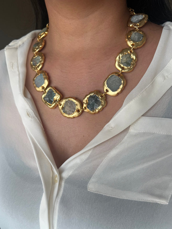 Handmade Raw Stone Gold Embedded Necklace | Adjustable Lobster Claw Brass Statement Jewelry
