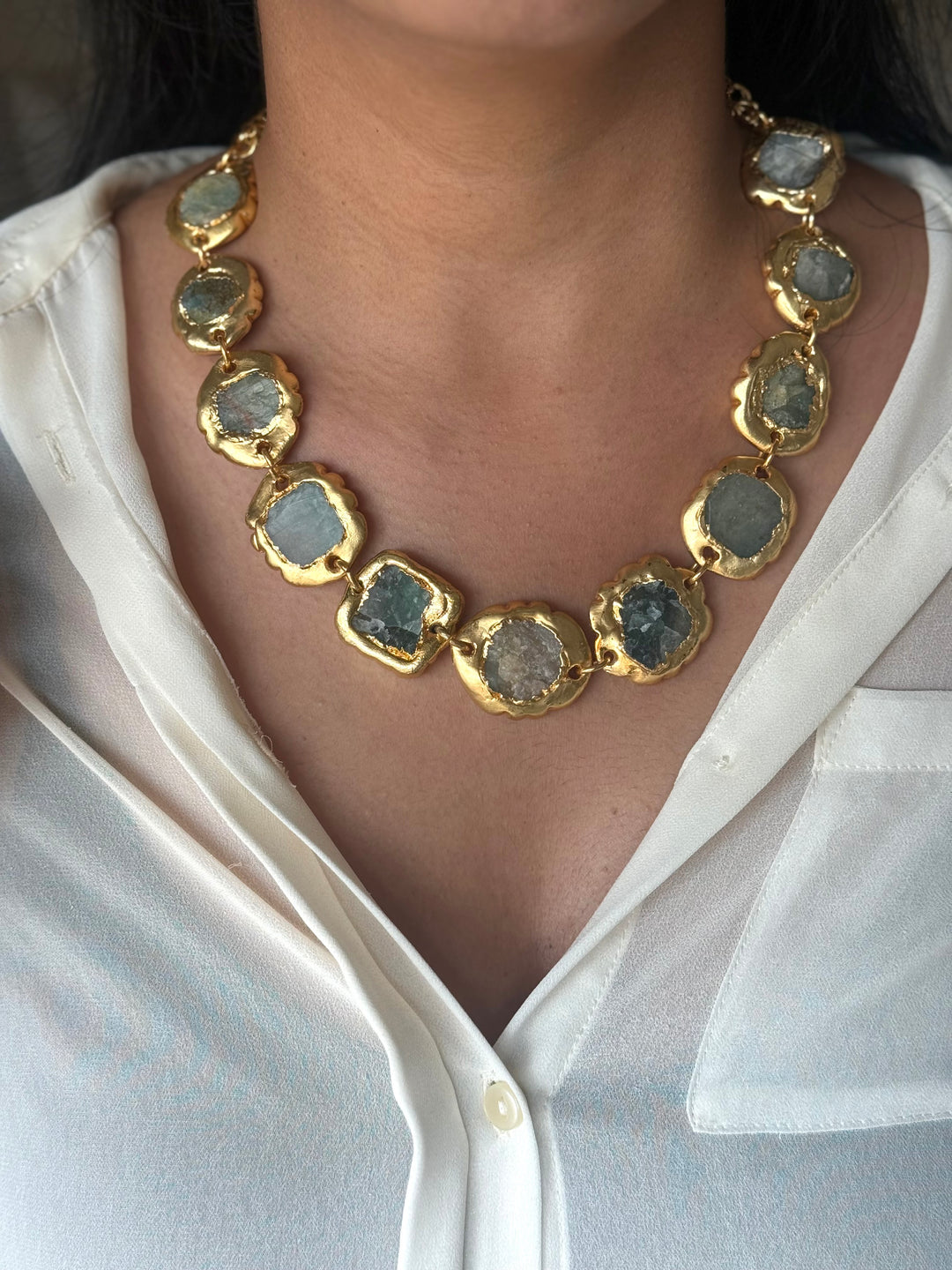Handmade Raw Stone Gold Embedded Necklace | Adjustable Lobster Claw Brass Statement Jewelry