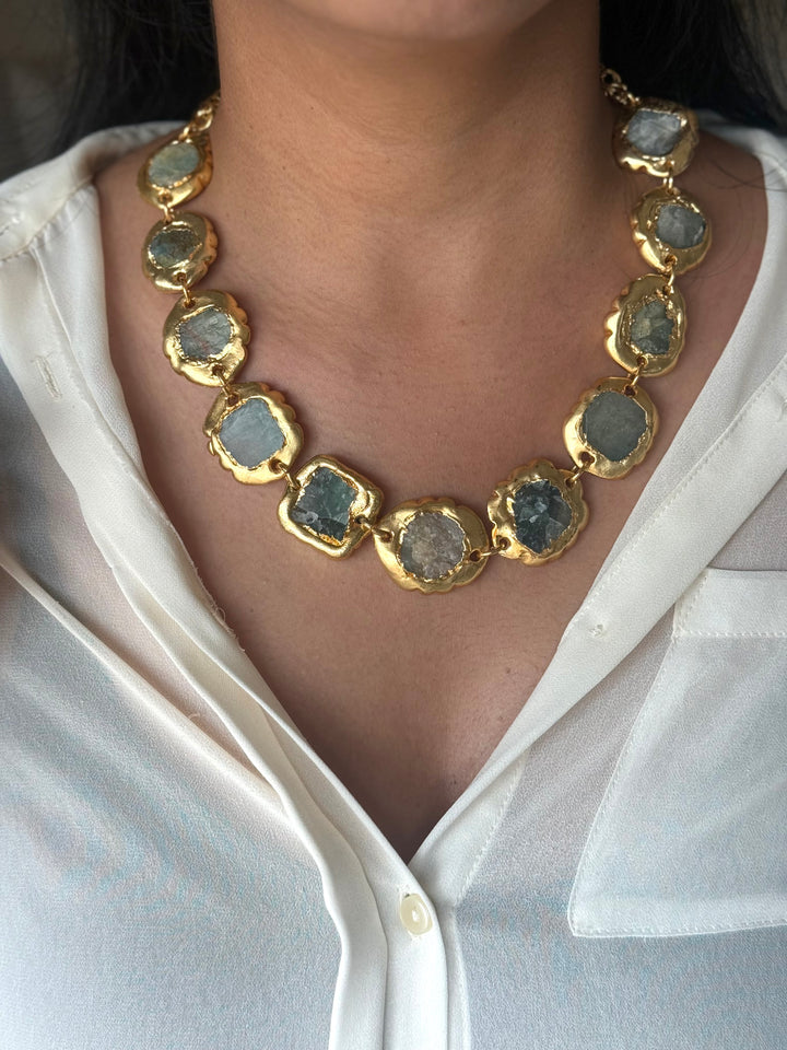 Handmade Raw Stone Gold Embedded Necklace | Adjustable Lobster Claw Brass Statement Jewelry