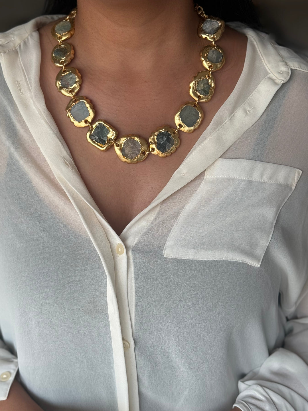 Handmade Raw Stone Gold Embedded Necklace | Adjustable Lobster Claw Brass Statement Jewelry