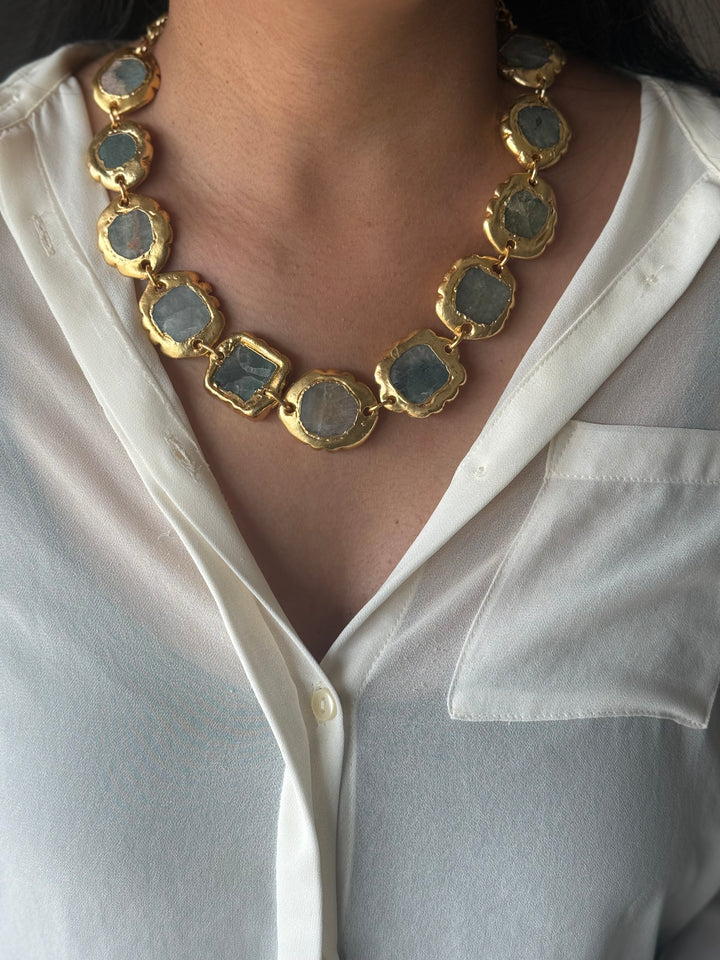 Handmade Raw Stone Gold Embedded Necklace | Adjustable Lobster Claw Brass Statement Jewelry