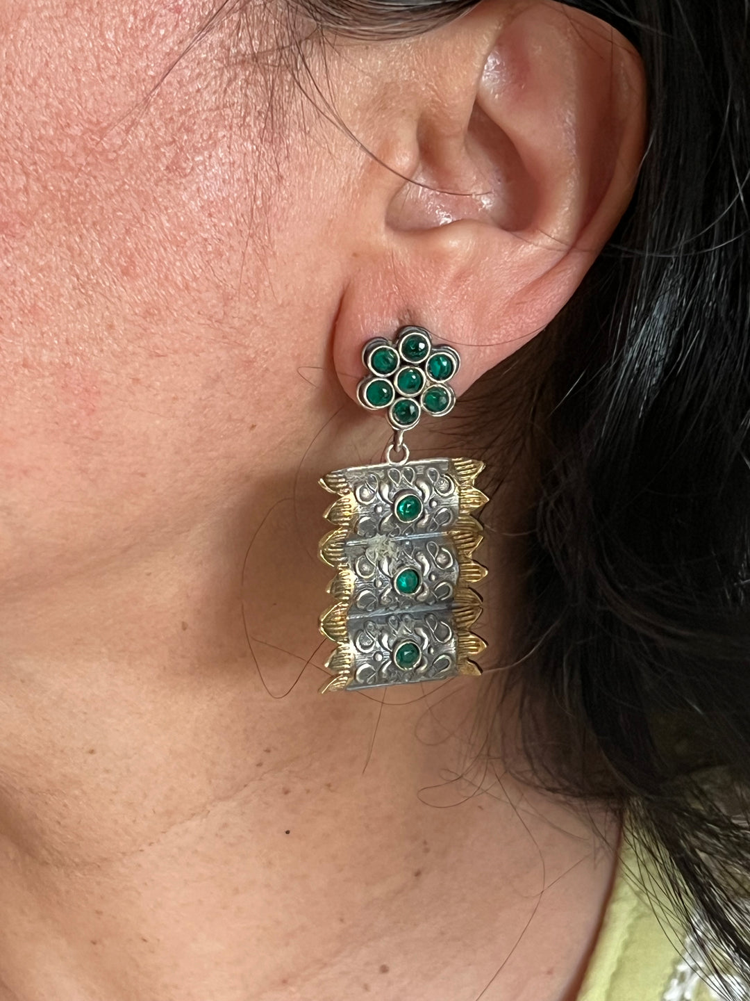 Green Vintage Dual Tone Earrings