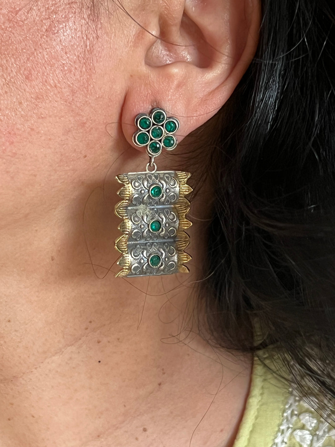 Green Vintage Dual Tone Earrings