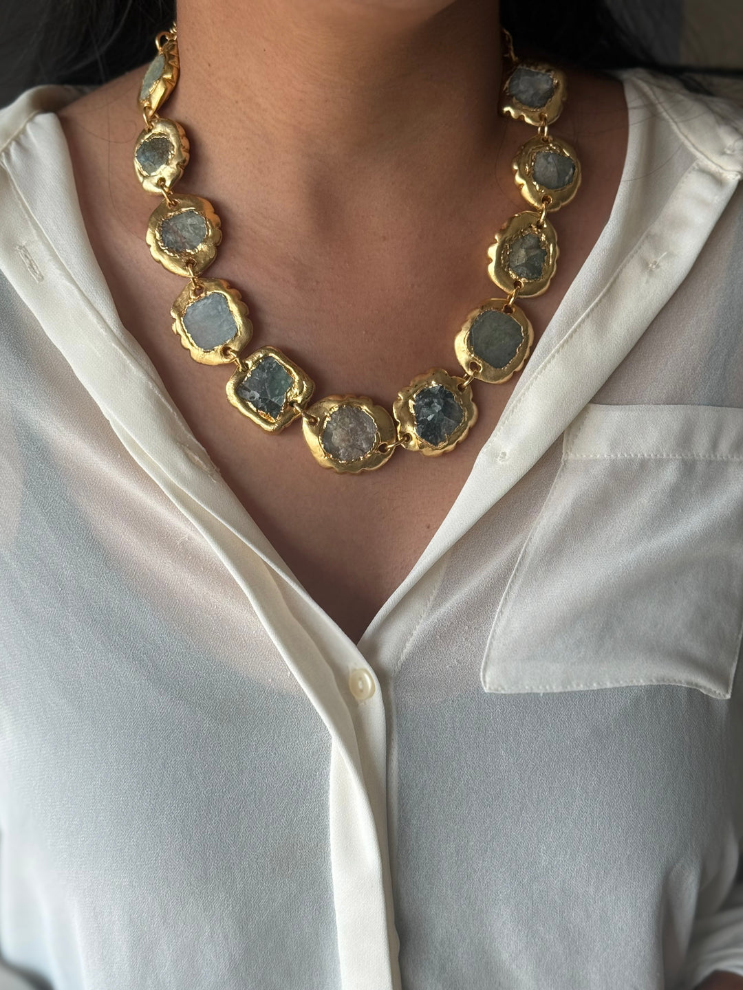 Handmade Raw Stone Gold Embedded Necklace | Adjustable Lobster Claw Brass Statement Jewelry