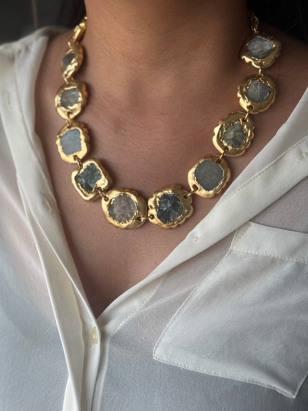 Handmade Raw Stone Gold Embedded Necklace | Adjustable Lobster Claw Brass Statement Jewelry