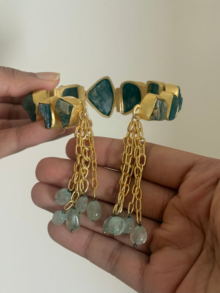 SHIVKA Designer Brass Tassel Cuff | Raw Druzy Chalcedony Stones | Gold Polish | 72g