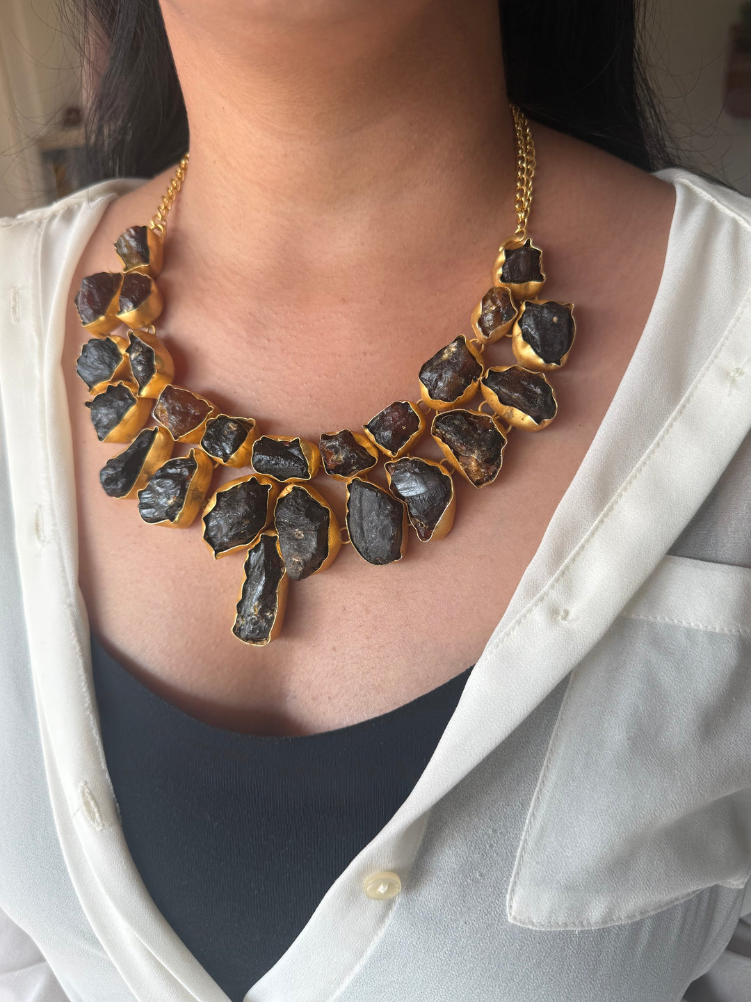 Handmade Raw Stone Sugar Druzy Necklace | Gold Polish Brass Adjustable Statement Jewelry