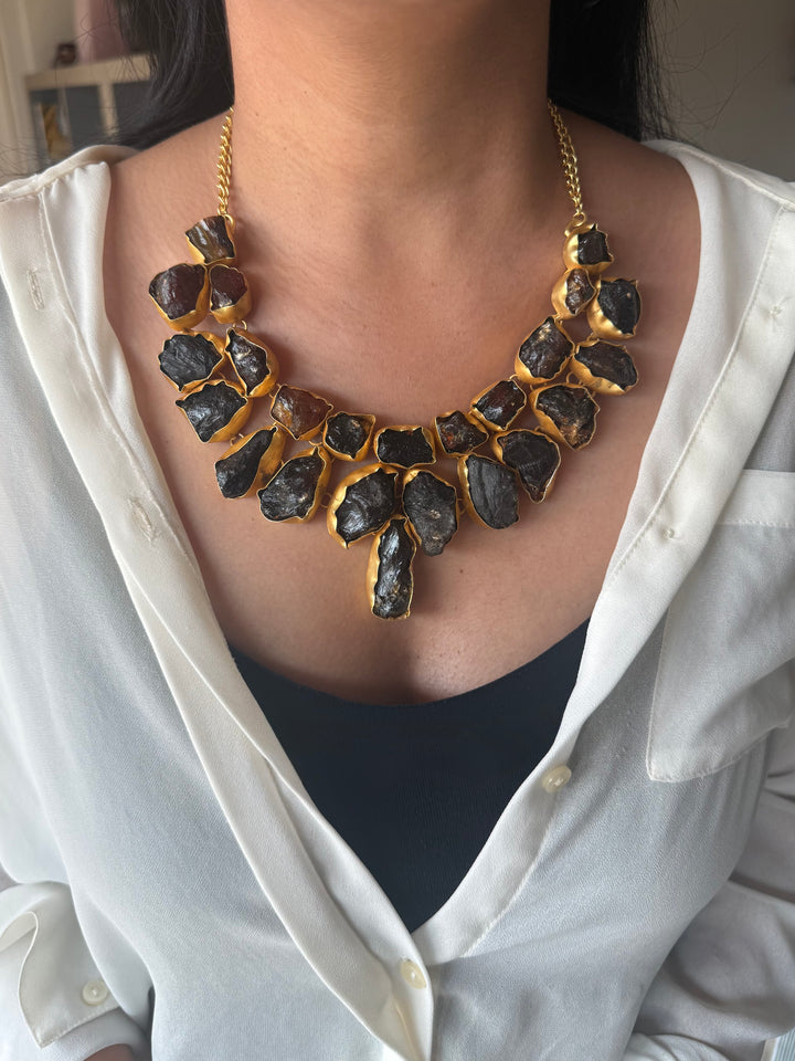 Handmade Raw Stone Sugar Druzy Necklace | Gold Polish Brass Adjustable Statement Jewelry