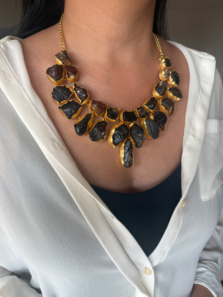 Handmade Raw Stone Sugar Druzy Necklace | Gold Polish Brass Adjustable Statement Jewelry