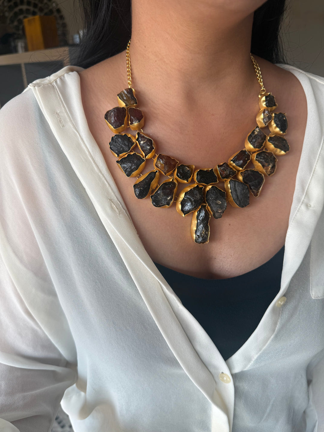 Handmade Raw Stone Sugar Druzy Necklace | Gold Polish Brass Adjustable Statement Jewelry