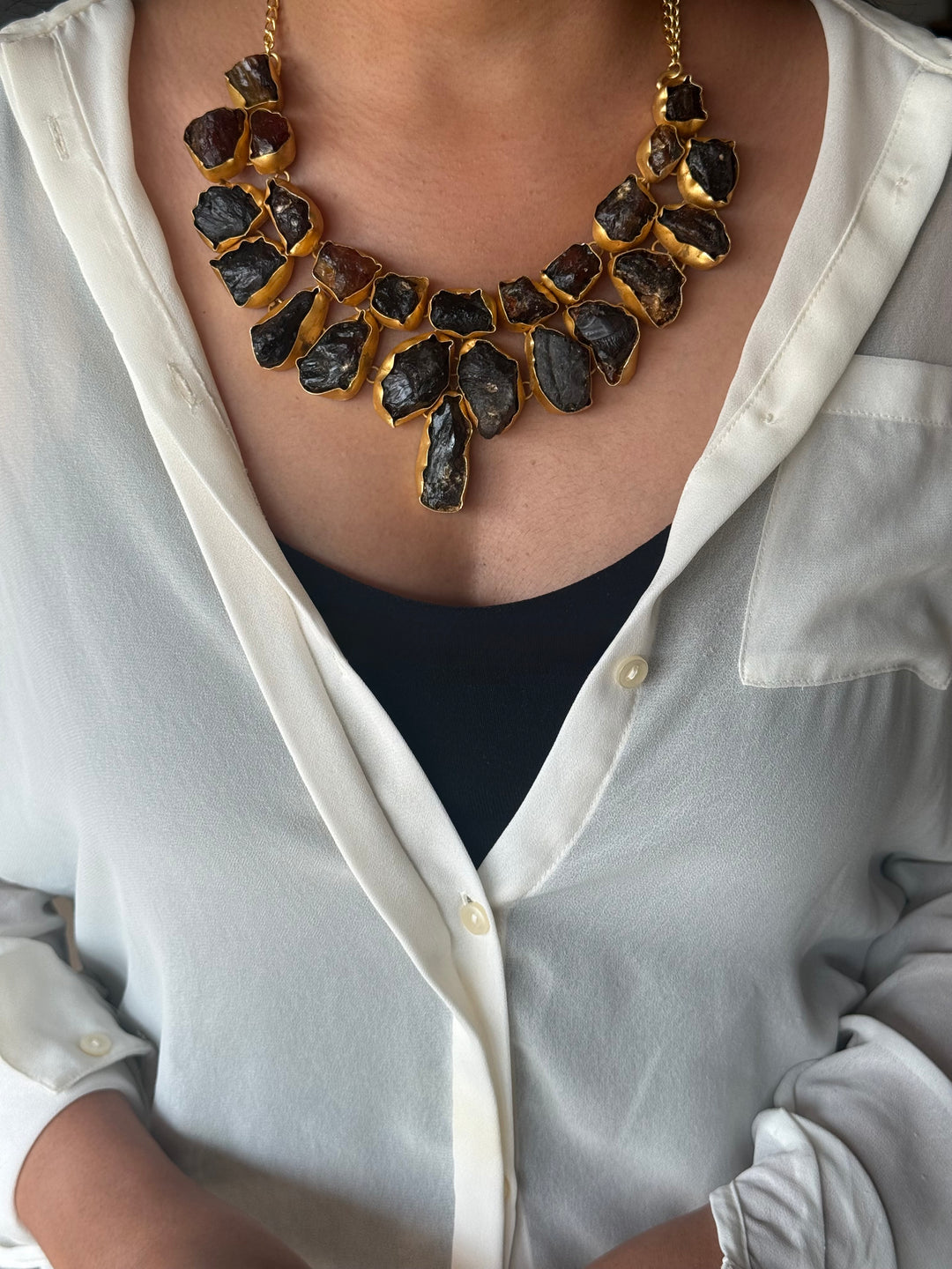 Handmade Raw Stone Sugar Druzy Necklace | Gold Polish Brass Adjustable Statement Jewelry