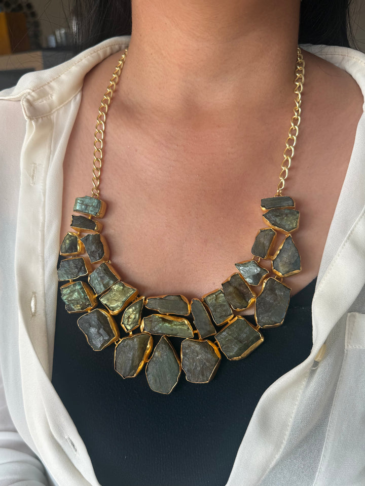 Handmade Raw Stone Labradorite Necklace | Gold Polish Brass Adjustable Statement Jewelry