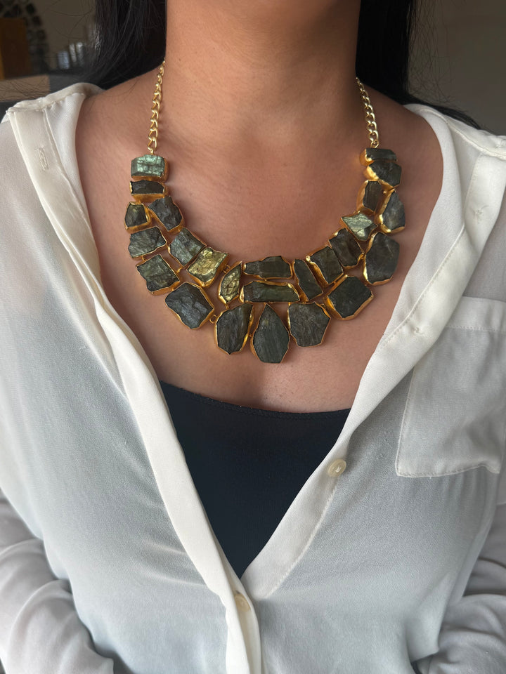 Handmade Raw Stone Labradorite Necklace | Gold Polish Brass Adjustable Statement Jewelry