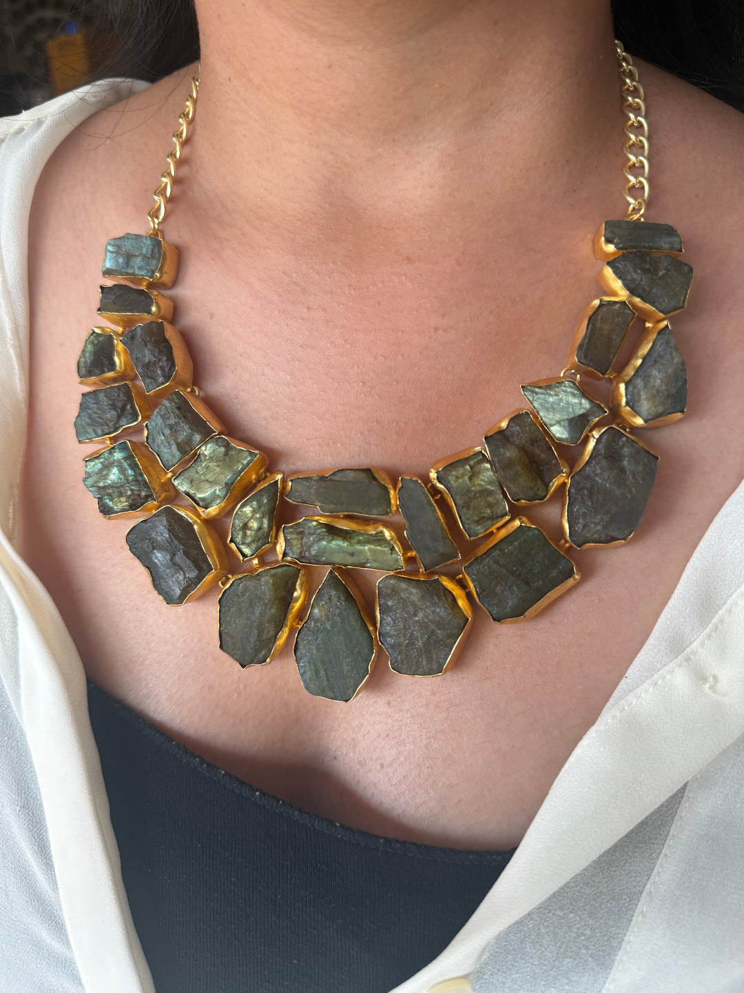 Handmade Raw Stone Labradorite Necklace | Gold Polish Brass Adjustable Statement Jewelry