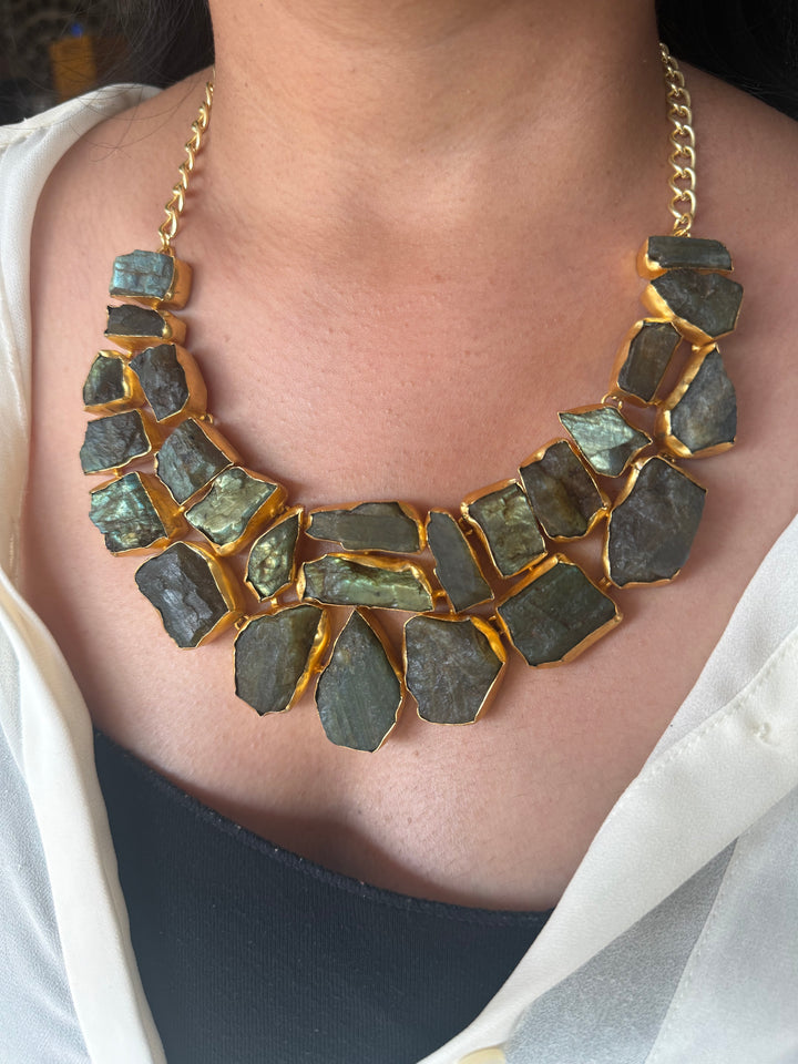 Handmade Raw Stone Labradorite Necklace | Gold Polish Brass Adjustable Statement Jewelry