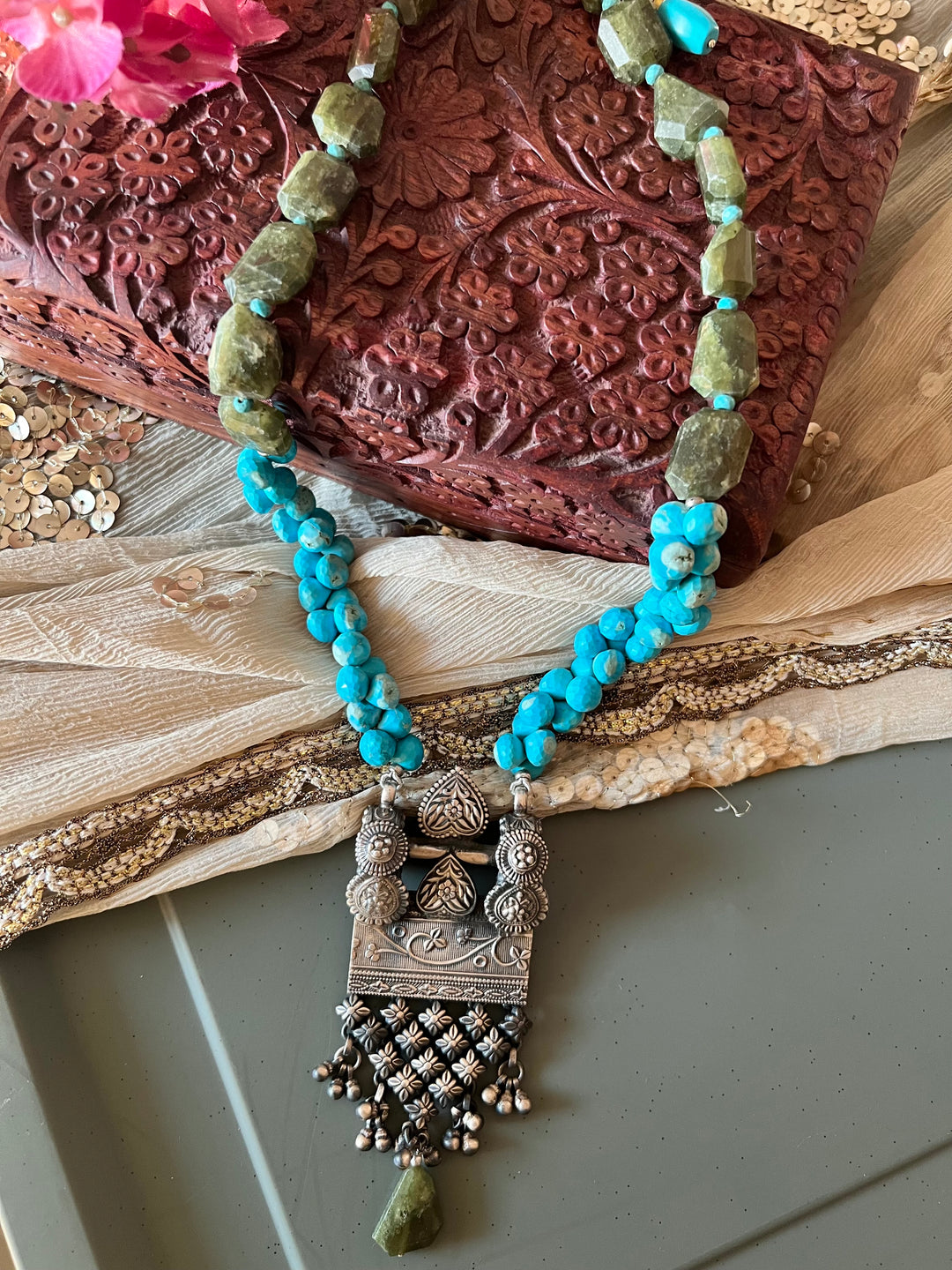 Exquisite Turquoise and Vassonite Necklace