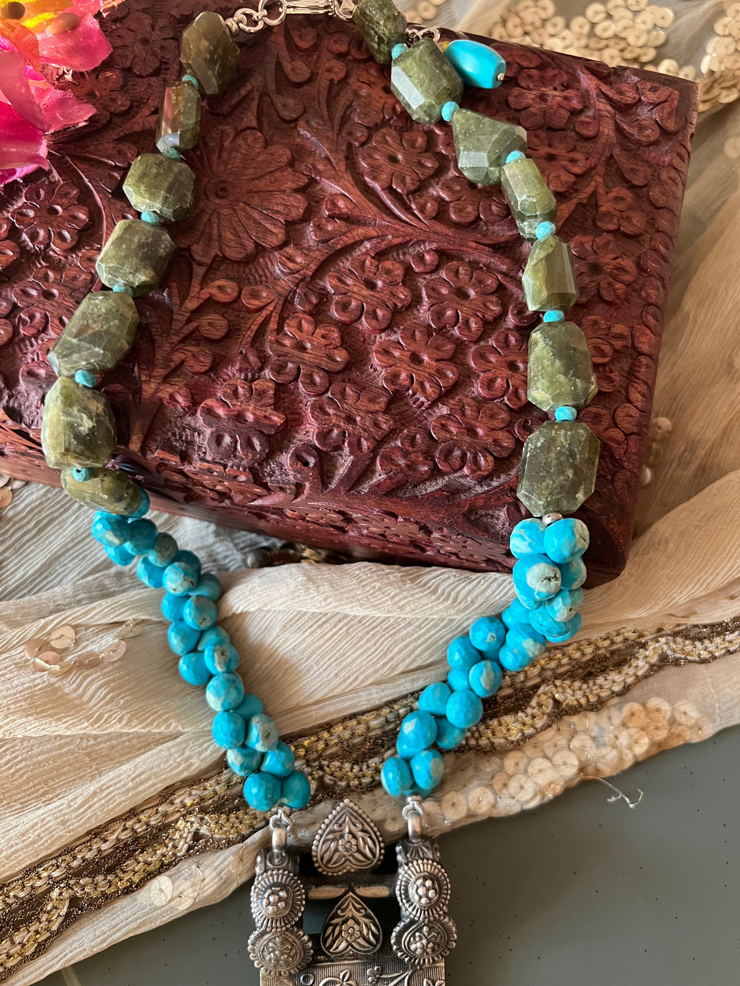 Exquisite Turquoise and Vassonite Necklace
