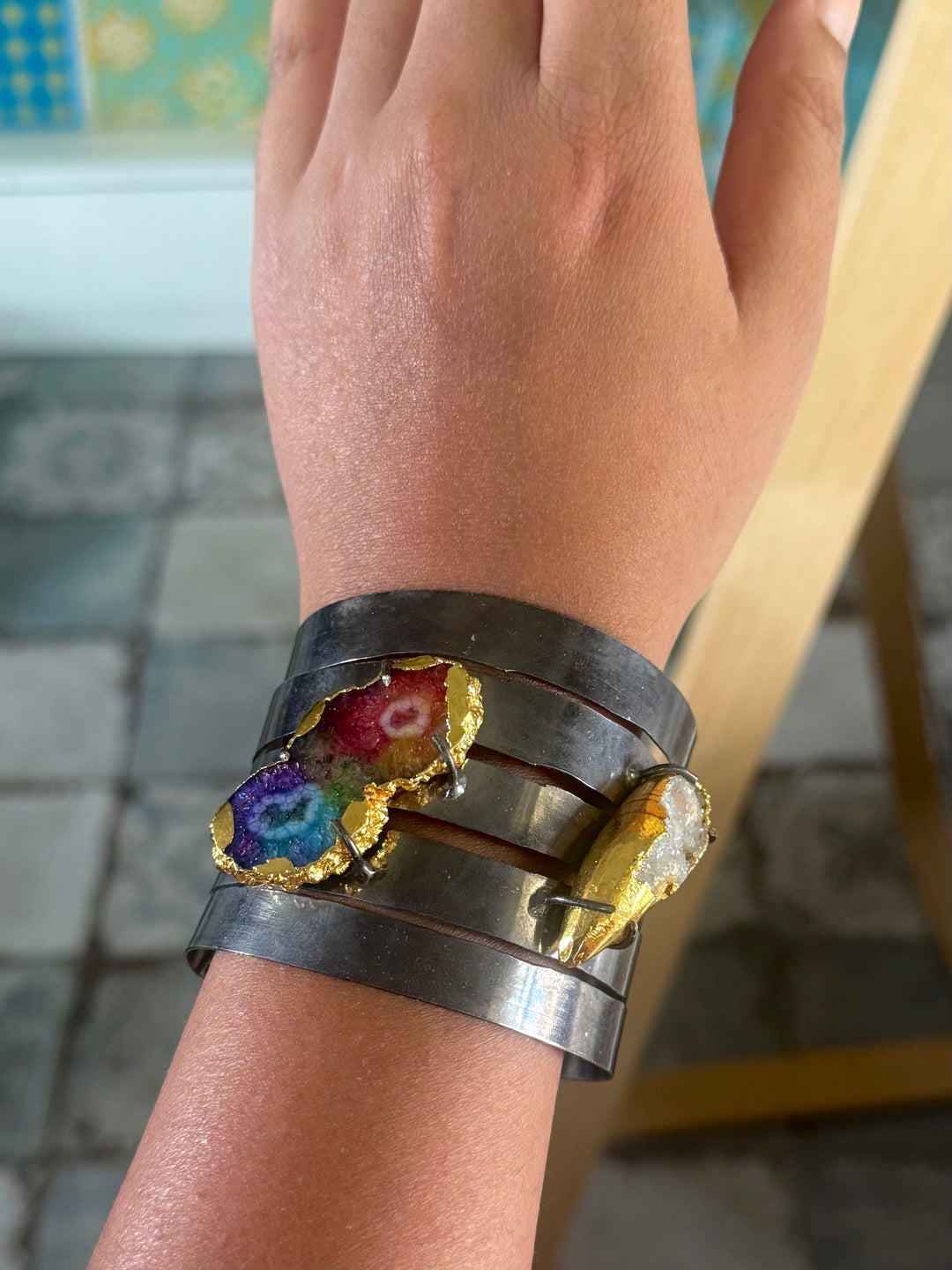 SHIVKA Designer Brass Quartz Cuff | Black Rhodium Polish | Natural Stones | Adjustable | 65g