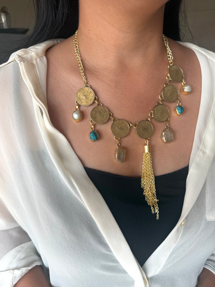 Handmade Raw Stone Coin Necklace | Gold Polish Brass Adjustable Statement Jewelry