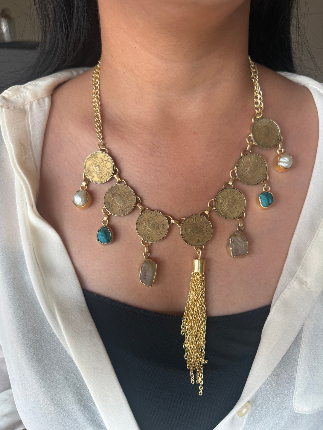 Handmade Raw Stone Coin Necklace | Gold Polish Brass Adjustable Statement Jewelry