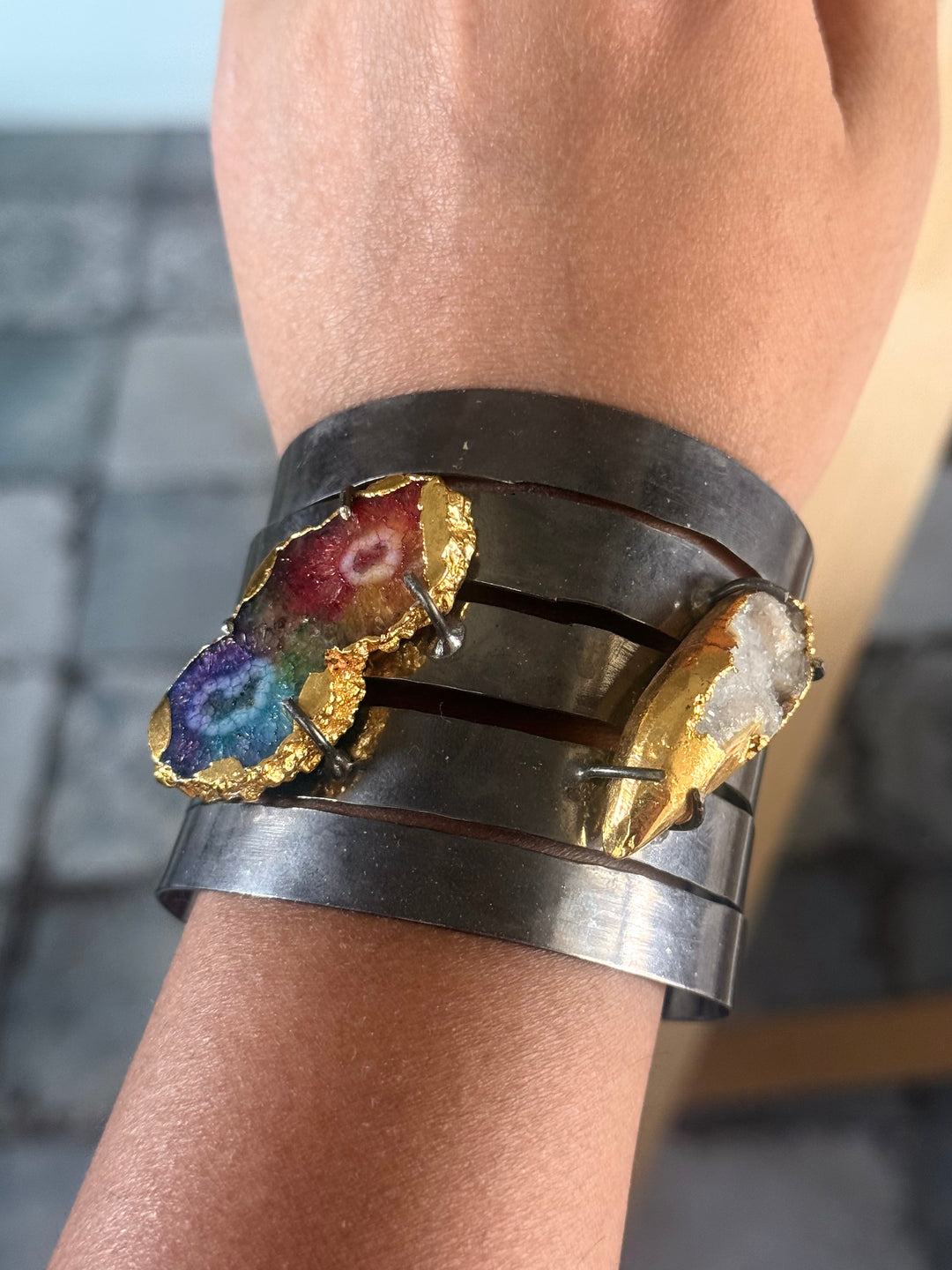 SHIVKA Designer Brass Quartz Cuff | Black Rhodium Polish | Natural Stones | Adjustable | 65g