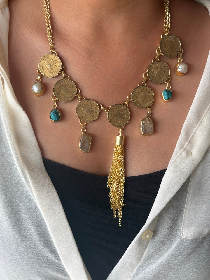 Handmade Raw Stone Coin Necklace | Gold Polish Brass Adjustable Statement Jewelry