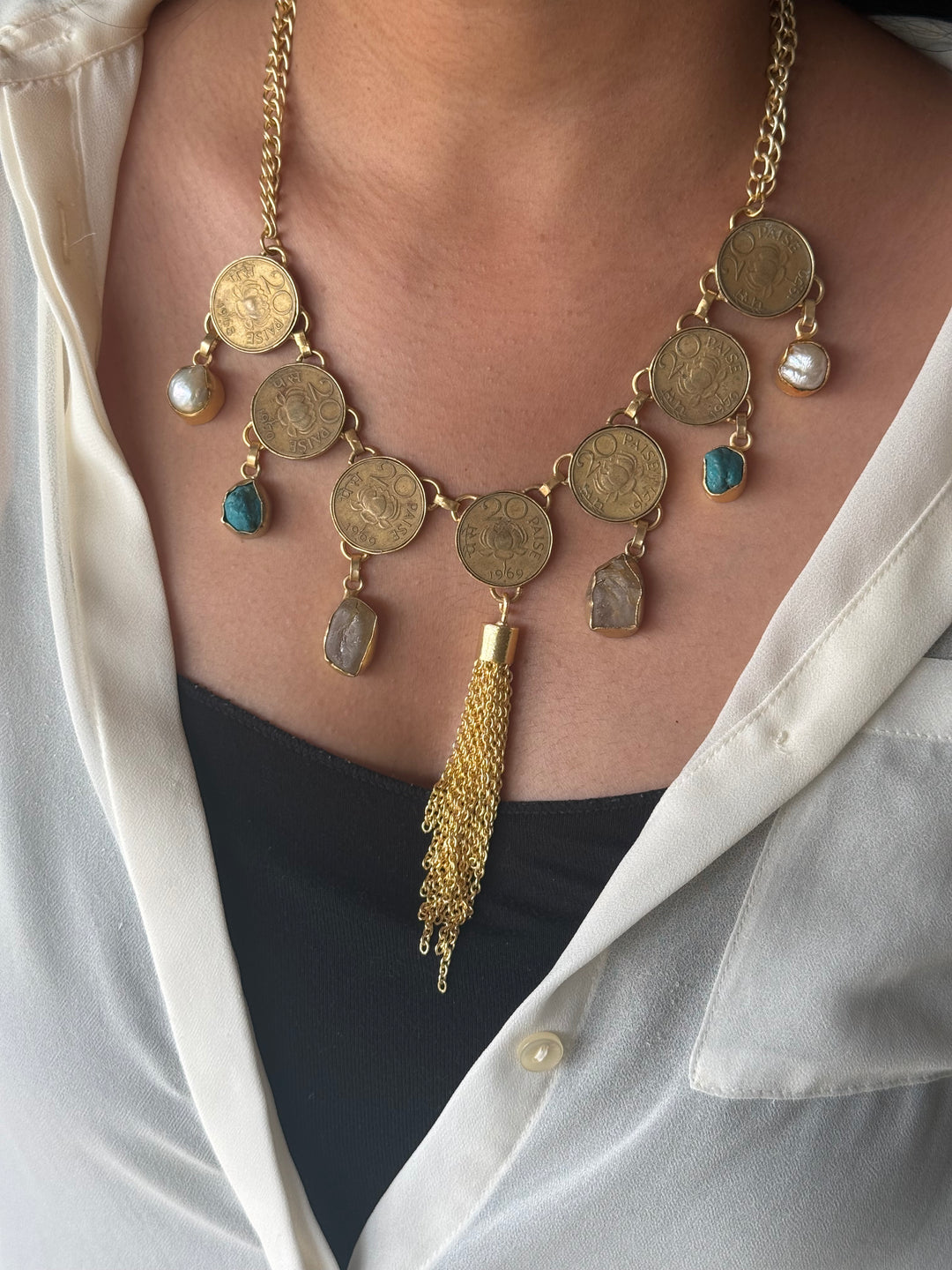 Handmade Raw Stone Coin Necklace | Gold Polish Brass Adjustable Statement Jewelry