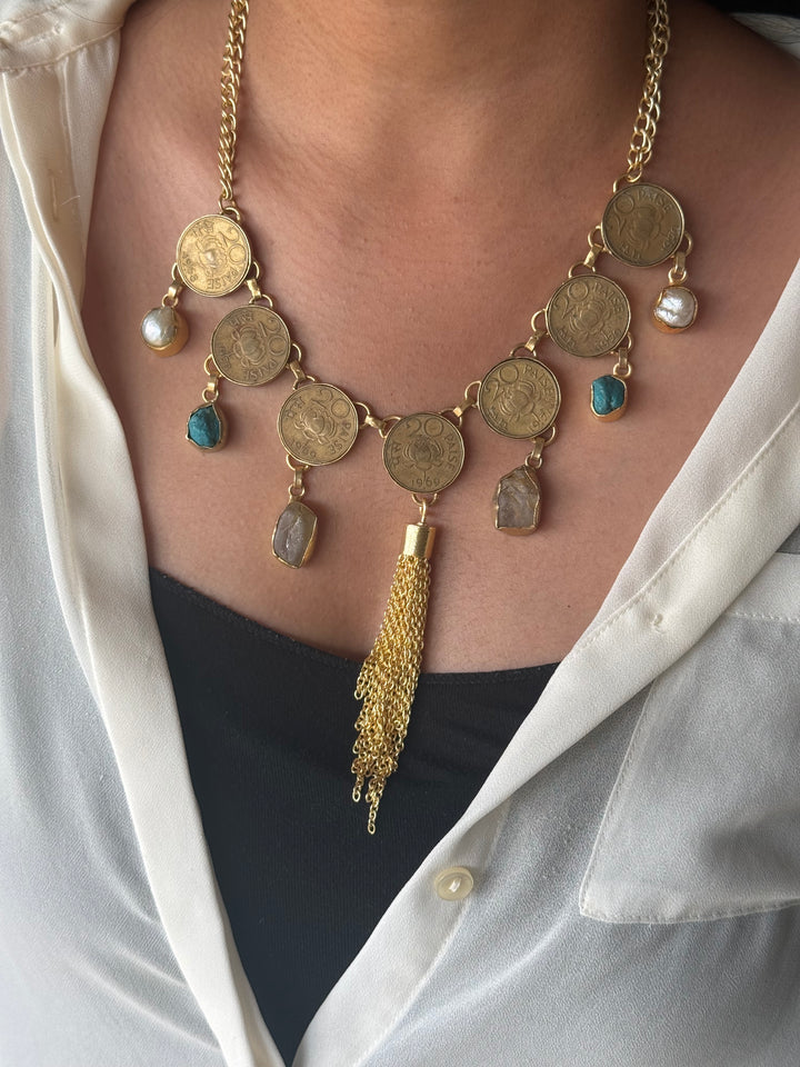 Handmade Raw Stone Coin Necklace | Gold Polish Brass Adjustable Statement Jewelry