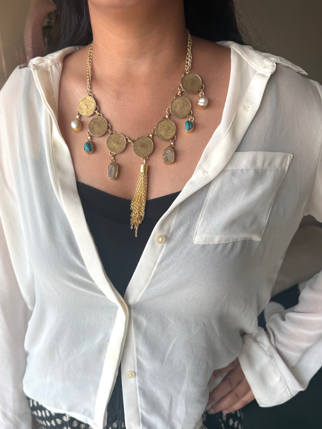 Handmade Raw Stone Coin Necklace | Gold Polish Brass Adjustable Statement Jewelry