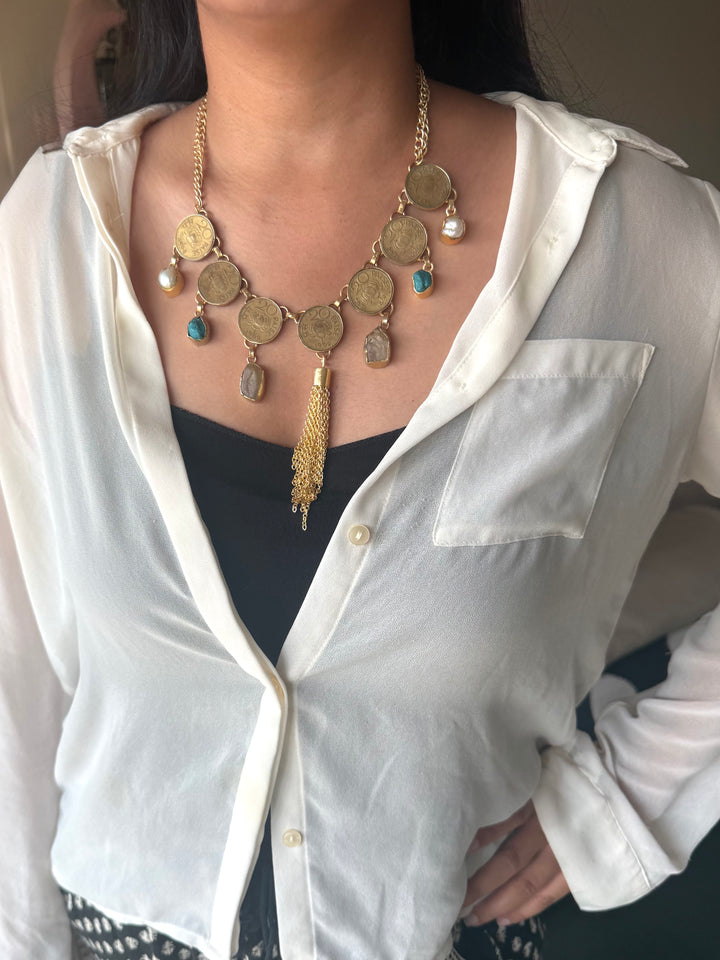 Handmade Raw Stone Coin Necklace | Gold Polish Brass Adjustable Statement Jewelry