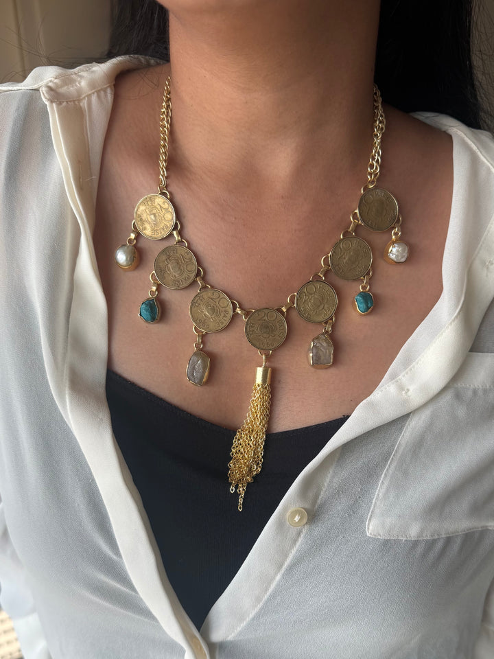 Handmade Raw Stone Coin Necklace | Gold Polish Brass Adjustable Statement Jewelry