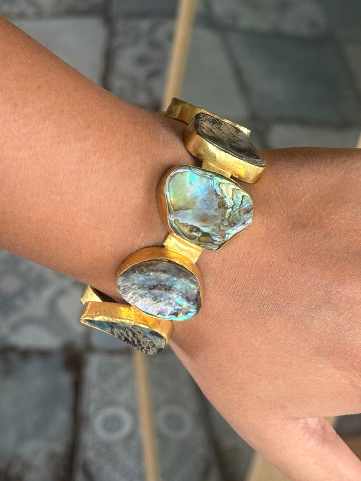 SHIVKA Designer Brass Abalone Cuff | Gold Polish | Natural Abalone Stones | Adjustable | 30g