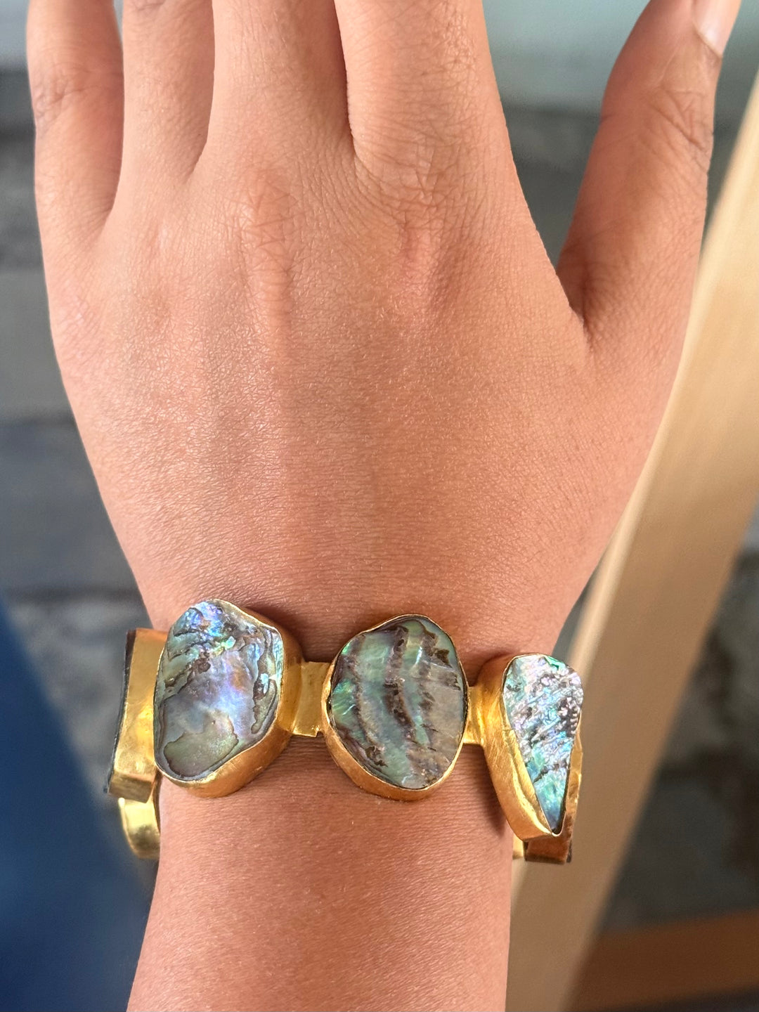 SHIVKA Designer Brass Abalone Cuff | Gold Polish | Natural Abalone Stones | Adjustable | 30g