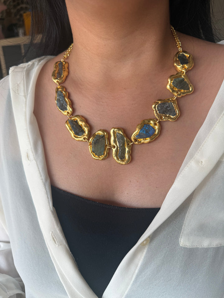 Handmade Raw Stone Gold Embedded Necklace | Adjustable Lobster Claw Brass Statement Jewelry