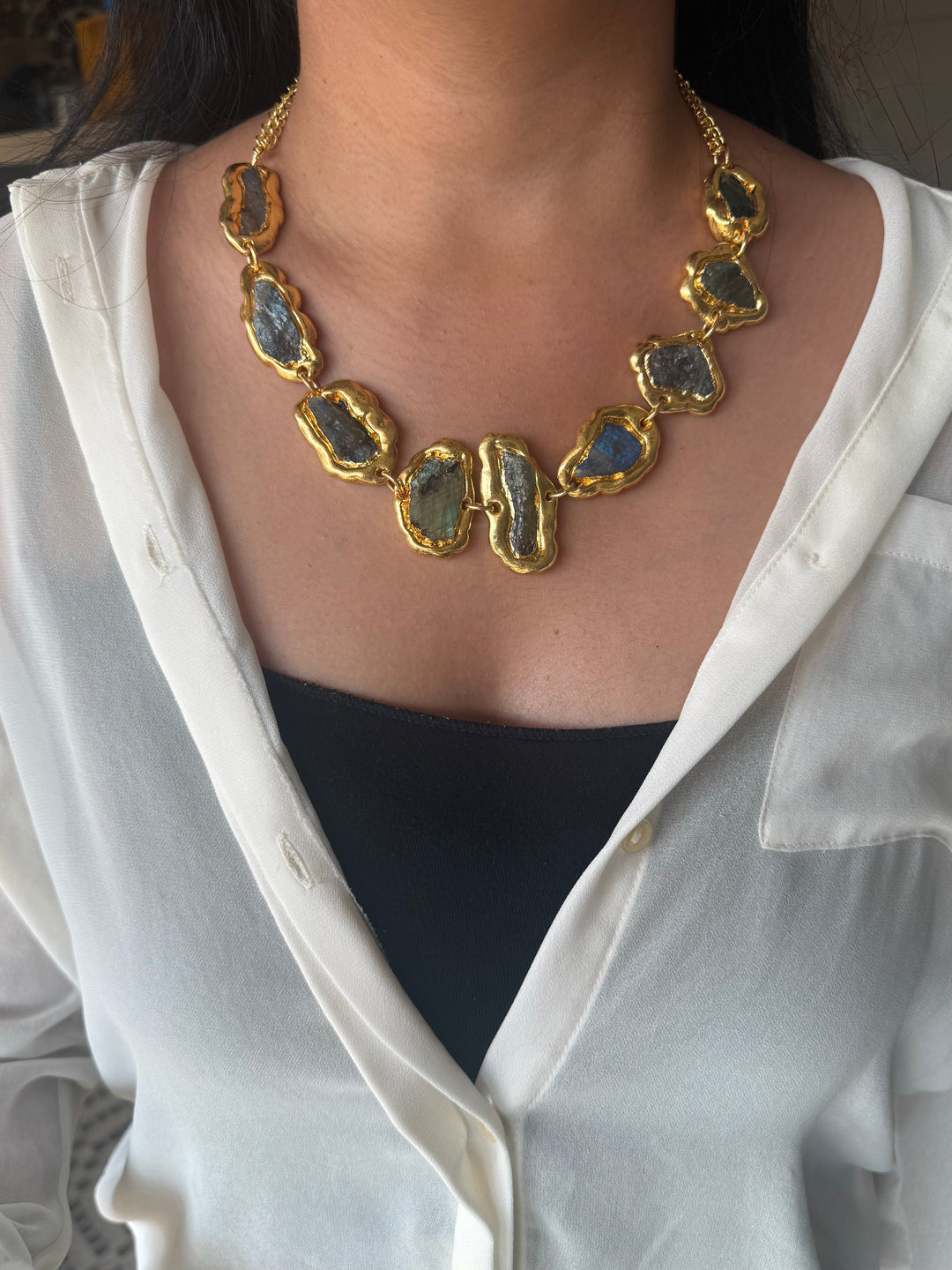 Handmade Raw Stone Gold Embedded Necklace | Adjustable Lobster Claw Brass Statement Jewelry
