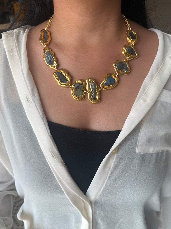 Handmade Raw Stone Gold Embedded Necklace | Adjustable Lobster Claw Brass Statement Jewelry