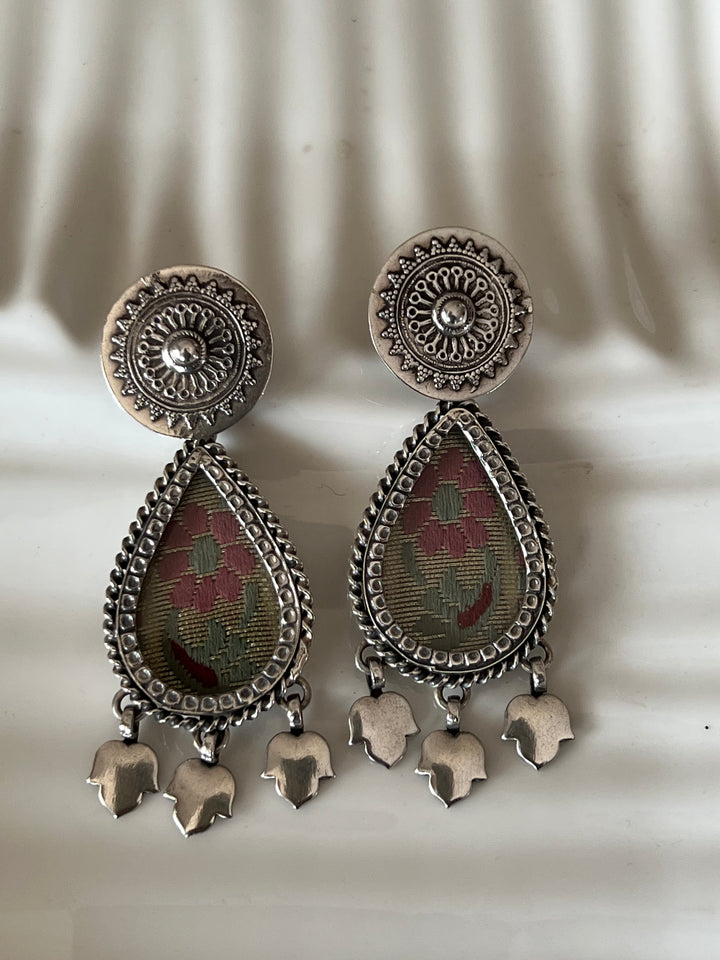 Beautiful Glass and Fabric 925 Silver Earrings