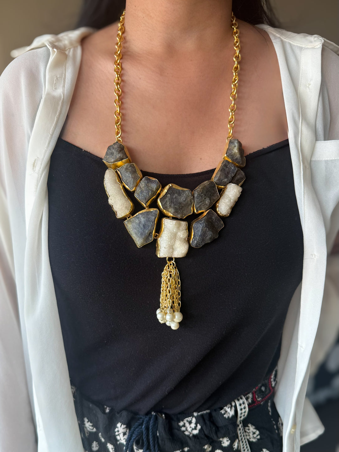 Handmade Raw Quartz & Pearl Necklace | Gold Polish Brass Adjustable Statement Jewelry