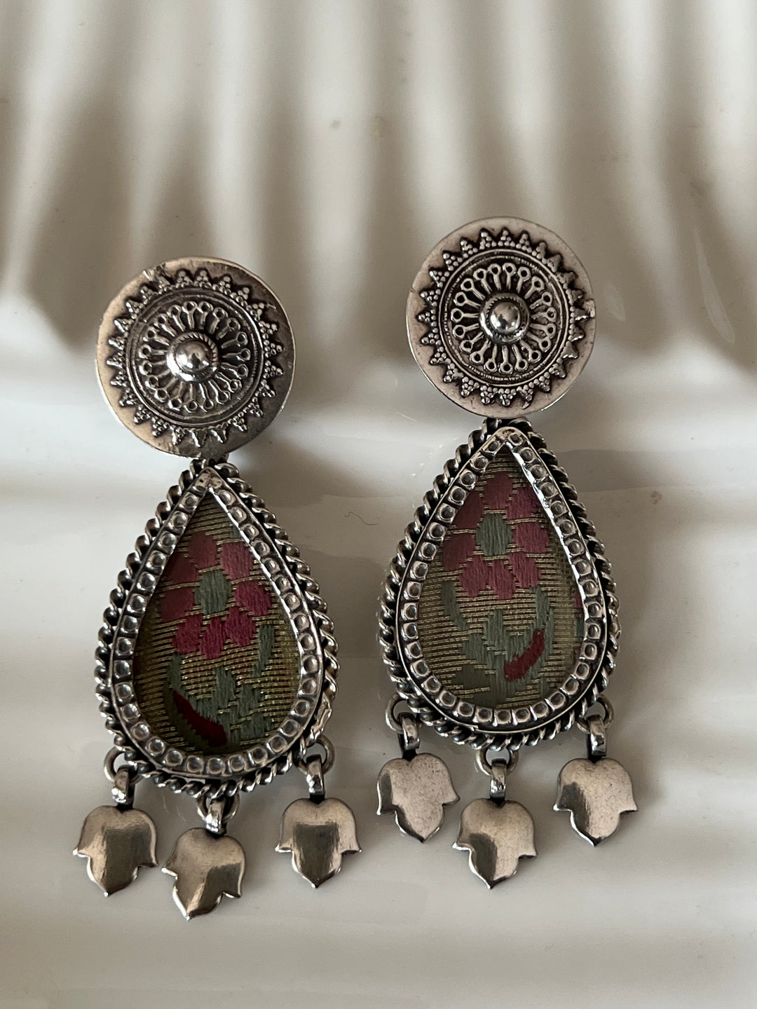 Beautiful Glass and Fabric 925 Silver Earrings