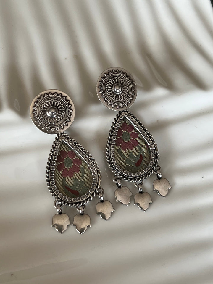 Beautiful Glass and Fabric 925 Silver Earrings