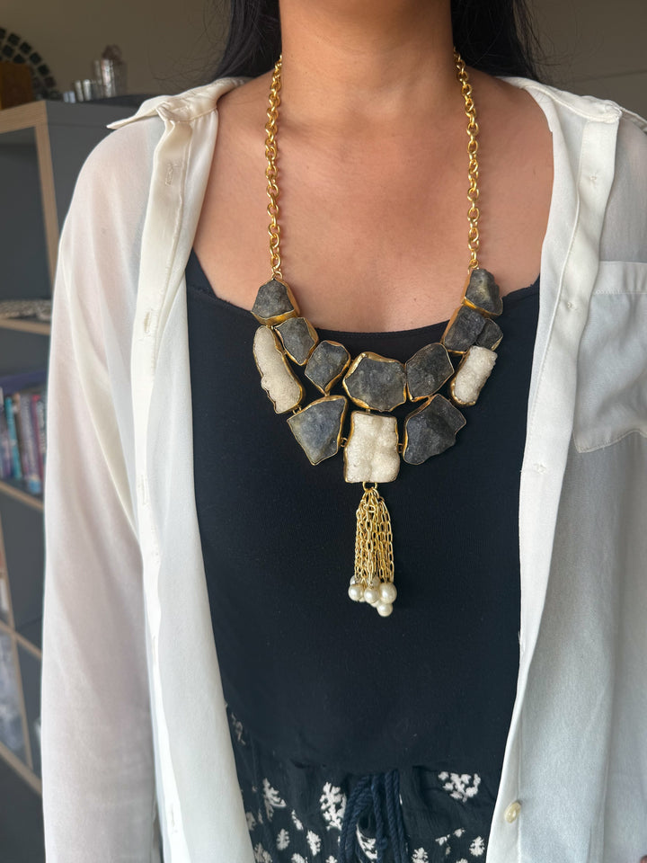 Handmade Raw Quartz & Pearl Necklace | Gold Polish Brass Adjustable Statement Jewelry