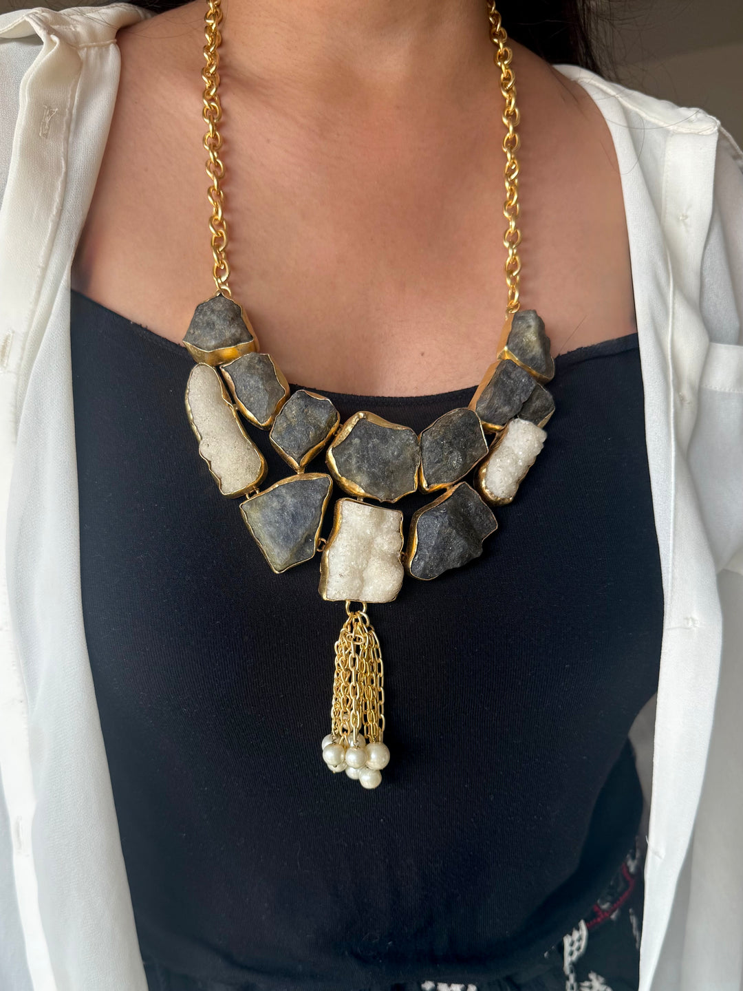 Handmade Raw Quartz & Pearl Necklace | Gold Polish Brass Adjustable Statement Jewelry