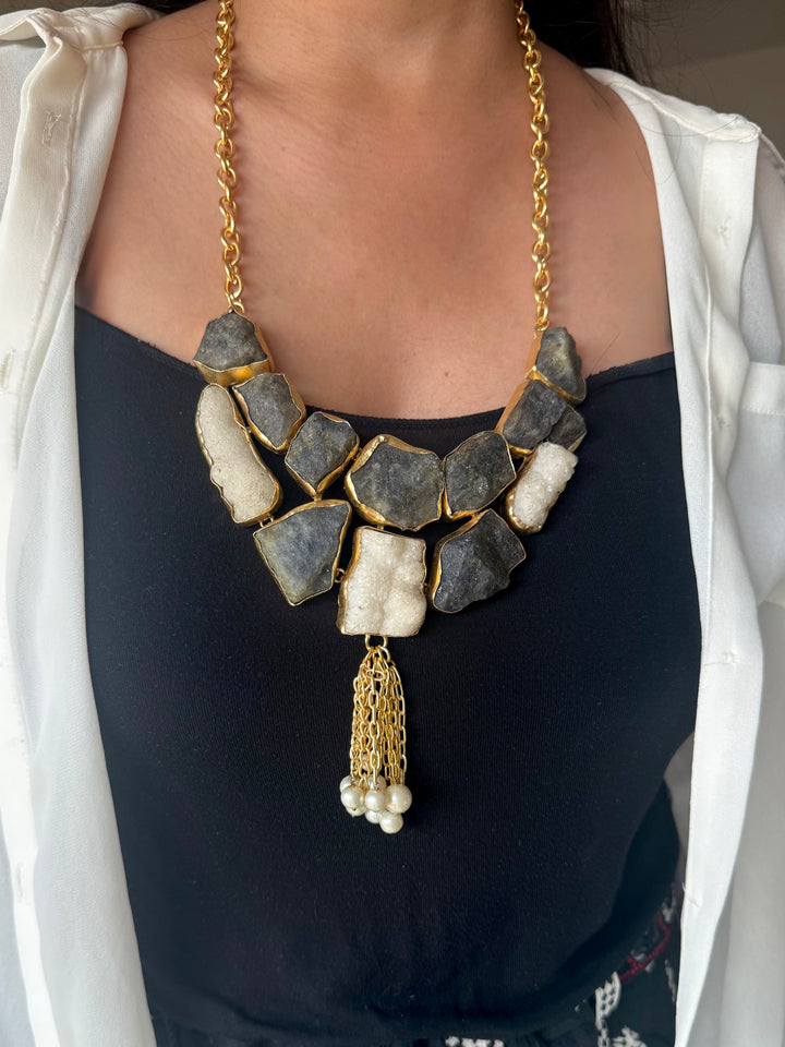 Handmade Raw Quartz & Pearl Necklace | Gold Polish Brass Adjustable Statement Jewelry