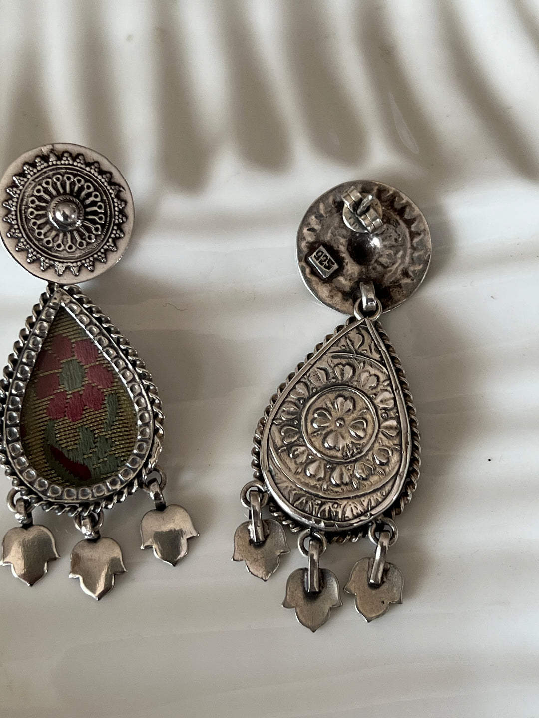 Beautiful Glass and Fabric 925 Silver Earrings