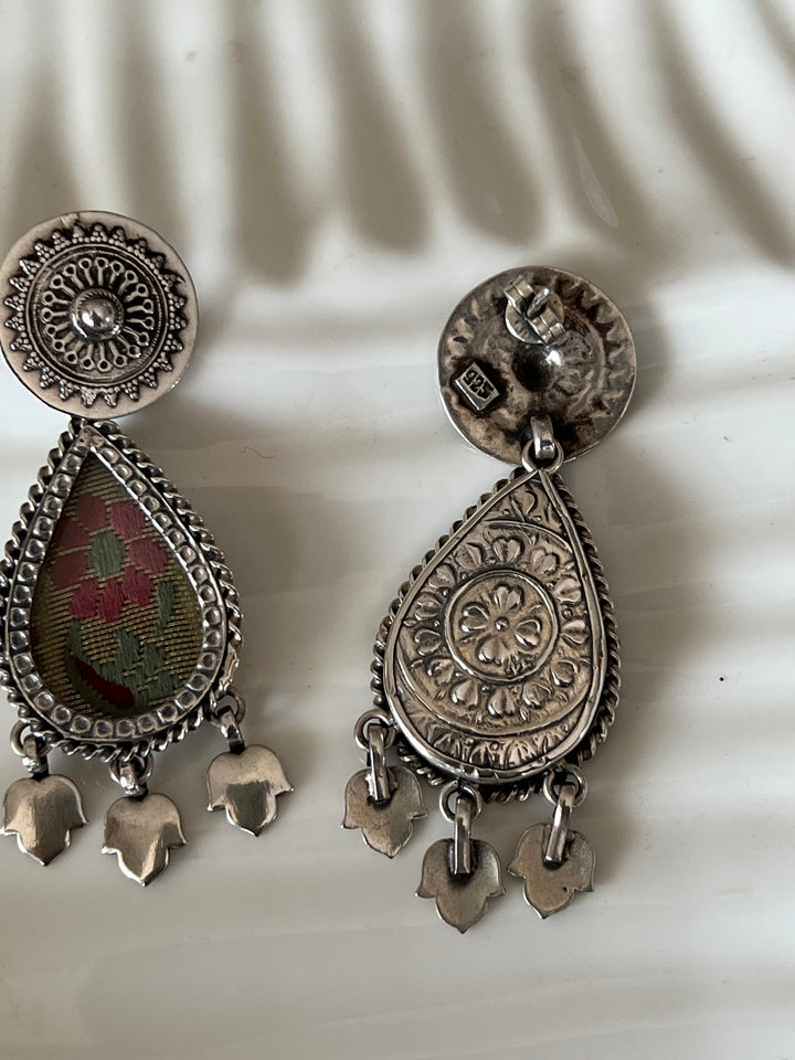 Beautiful Glass and Fabric 925 Silver Earrings