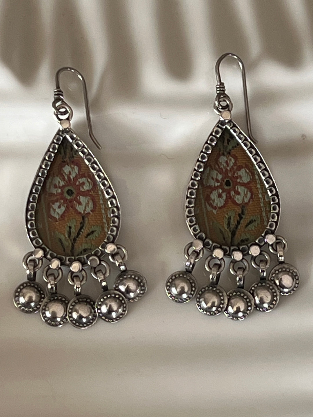 Beautiful Glass and Fabric 925 Silver Earrings